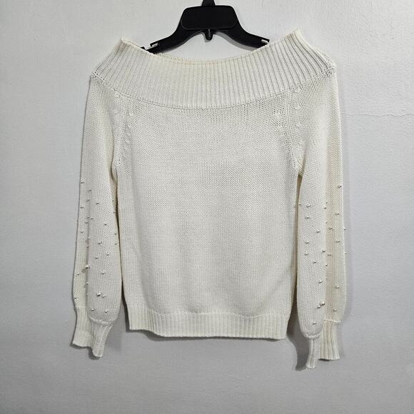 Elan Cream Balloon Sleeve Off the Shoulder  Sweater. Pearls on sleeves. Size S - Picture 1 of 6